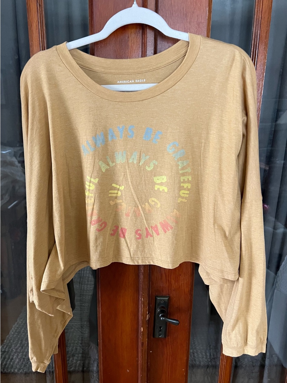 American Eagle Always Be Grateful Crewneck T-Shirt Oversized & Cropped